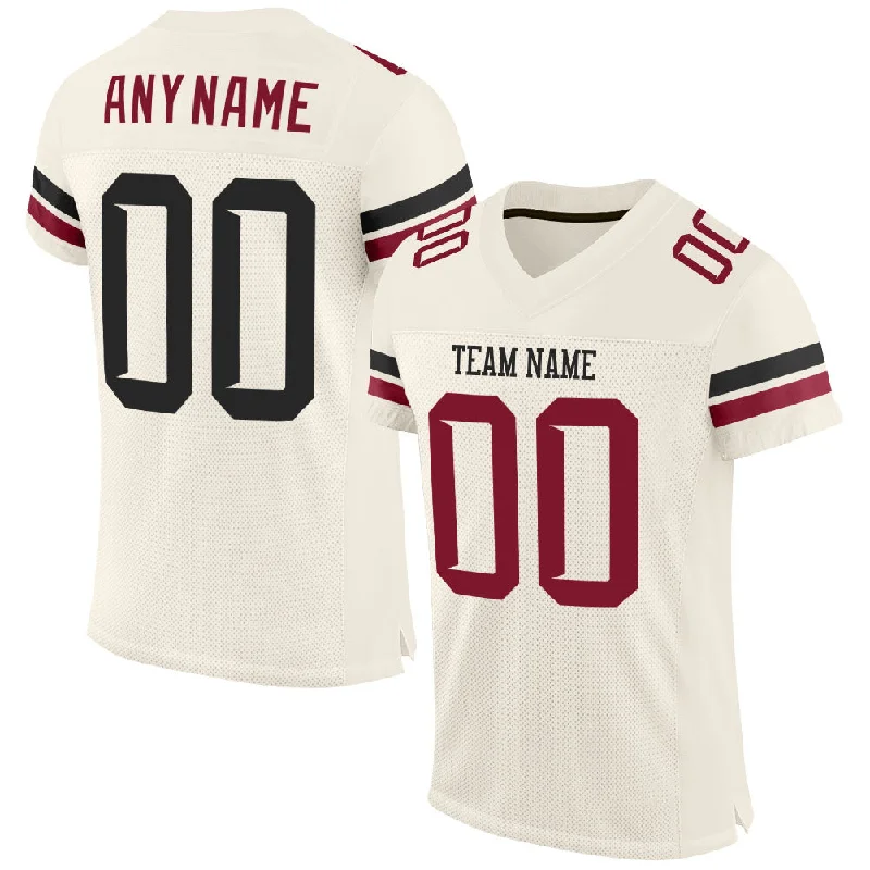 Football Jersey With Premium Stitching-Custom Cream Black-Crimson Mesh Authentic Football Jersey