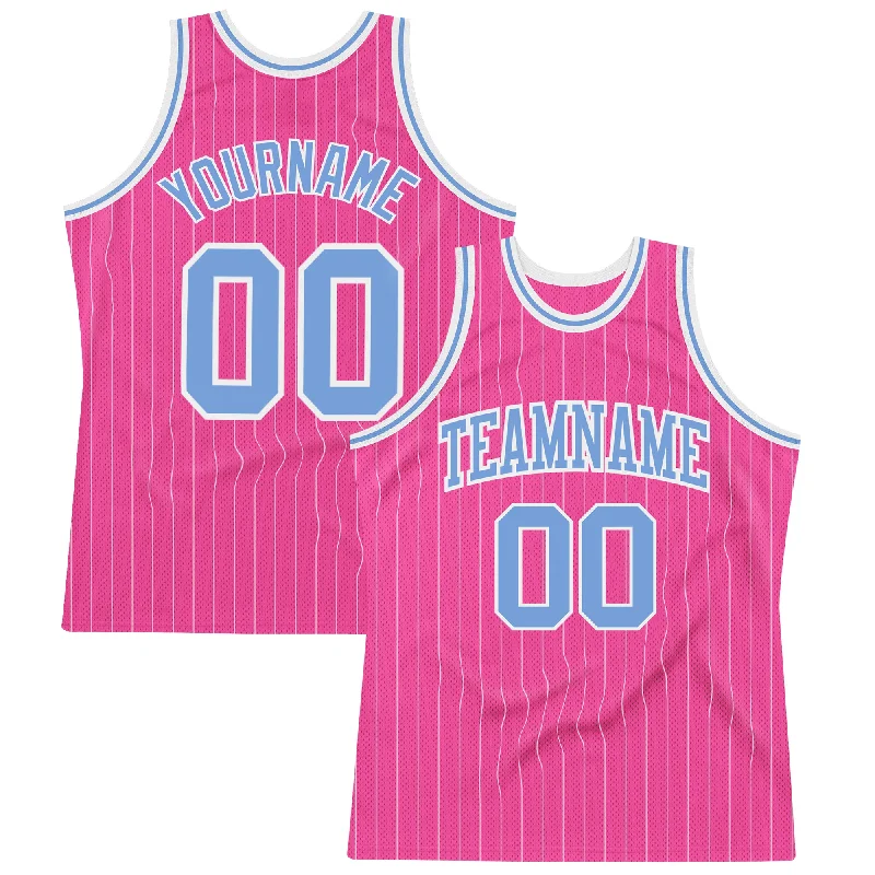 Basketball Jersey With Championship Edition-Custom Pink White Pinstripe Light Blue-White Authentic Basketball Jersey