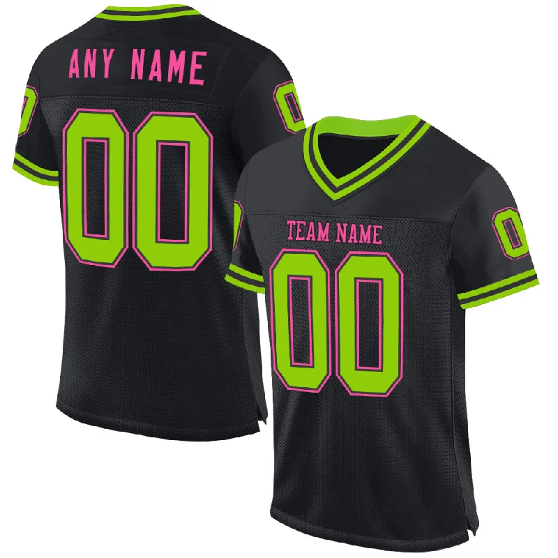 Football Jersey For Women-Custom Black Neon Green-Pink Mesh Authentic Throwback Football Jersey