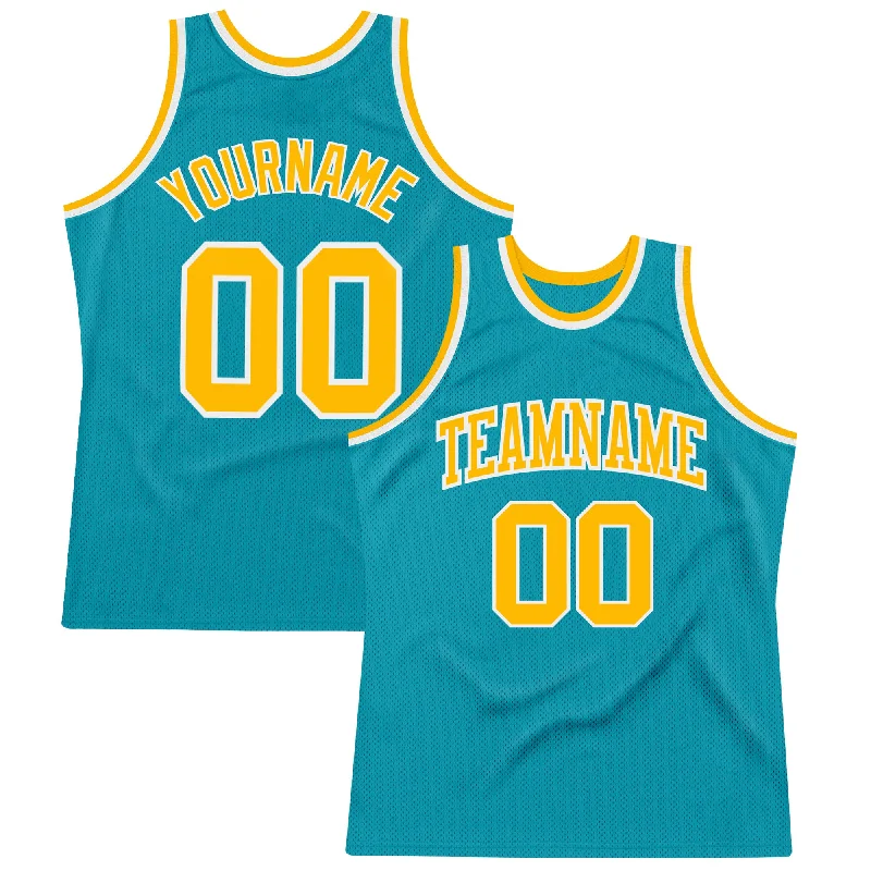 Basketball Jersey With Compression Fit-Custom Teal Gold-White Authentic Throwback Basketball Jersey