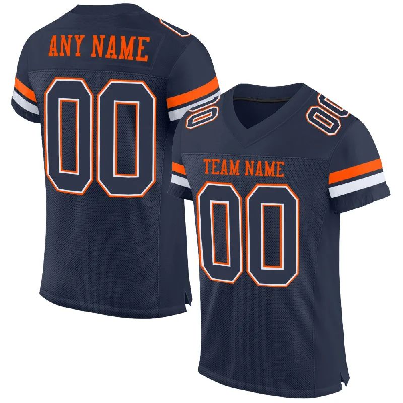 Football Jersey With Stretchable Fabric-Custom Navy White-Orange Mesh Authentic Football Jersey