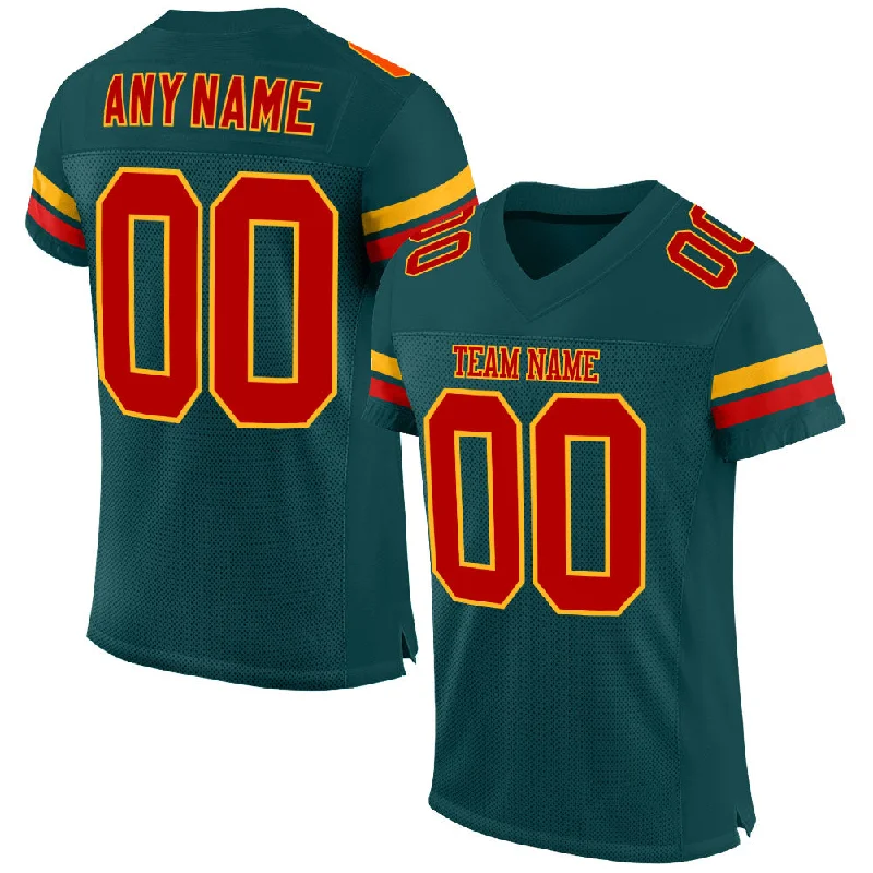 Football Jersey With Heat-Pressed Graphics-Custom Midnight Green Red-Gold Mesh Authentic Football Jersey