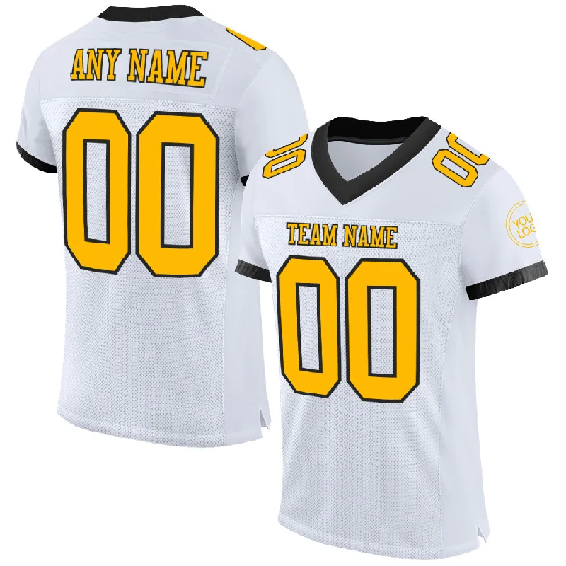 Football Jersey With College Team Logos-Custom White Gold-Black Mesh Authentic Football Jersey