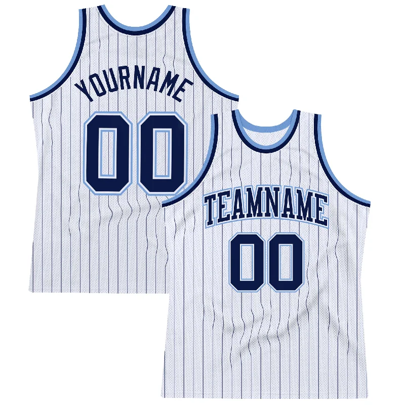 Basketball Jersey With Sublimated Print-Custom White Navy Pinstripe Navy-Light Blue Authentic Basketball Jersey