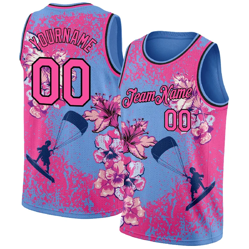 Basketball Jersey With Stitched Logos-Custom Light Blue Pink-Black 3D Pattern Flowers And Beach Surfing Authentic Basketball Jersey