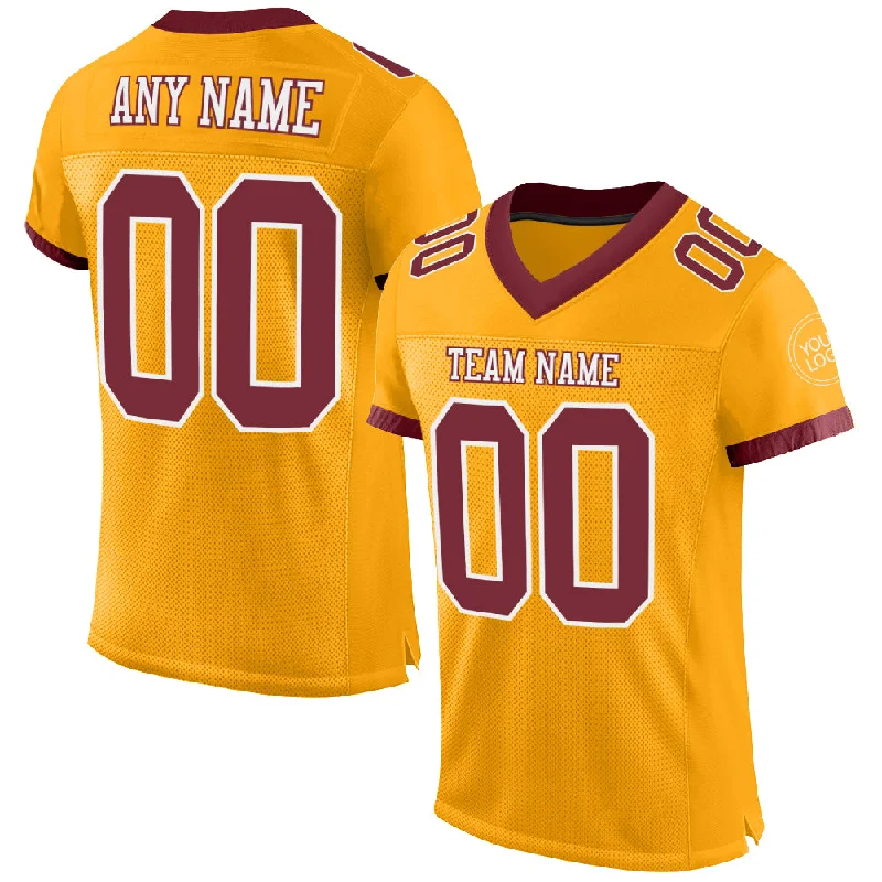 Football Jersey With Elastic Armholes-Custom Gold Burgundy-White Mesh Authentic Football Jersey