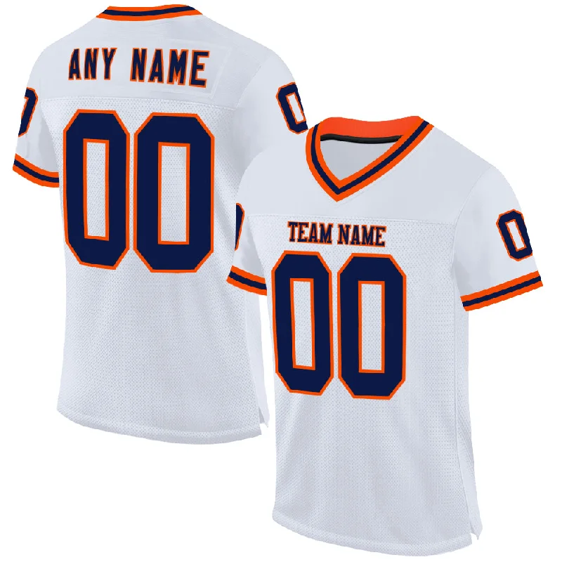 Football Jersey With Side Slits-Custom White Navy-Orange Mesh Authentic Throwback Football Jersey