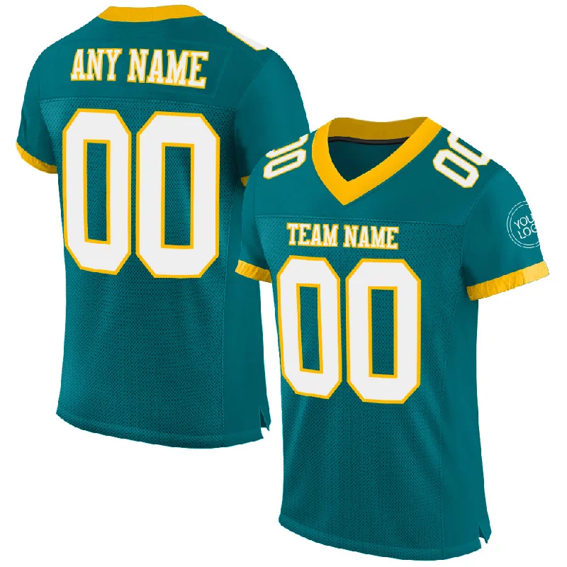 Football Jersey For Coaches-Custom Teal White-Gold Mesh Authentic Football Jersey