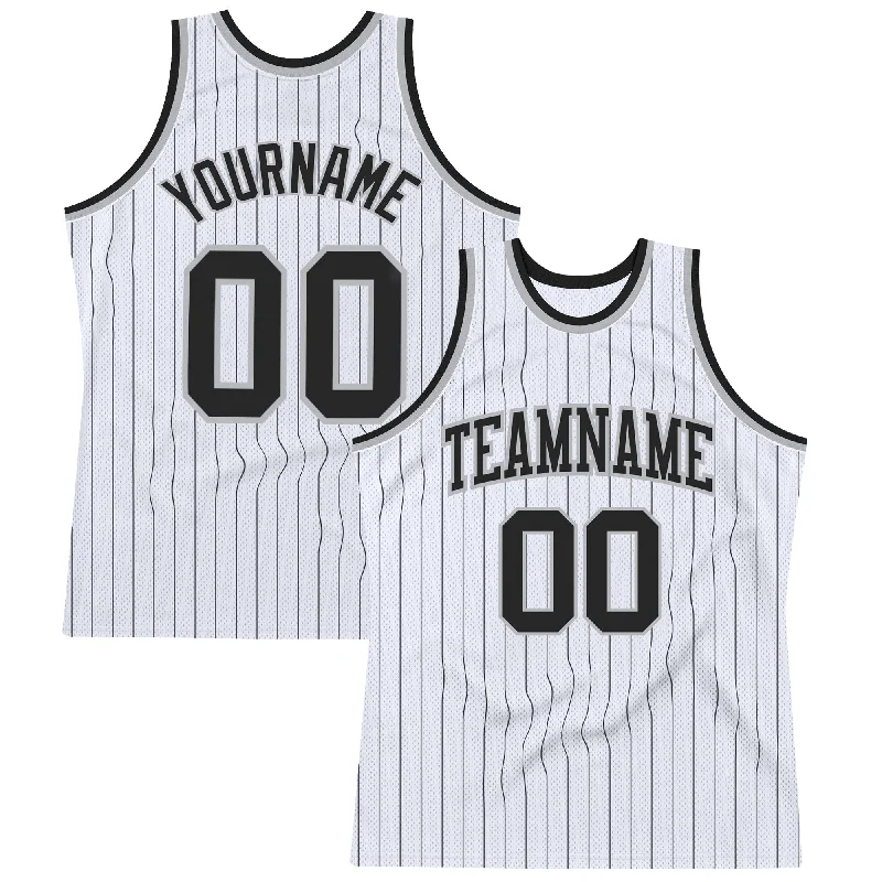 Basketball Jersey With Neon Colors-Custom White Black Pinstripe Black-Gray Authentic Basketball Jersey