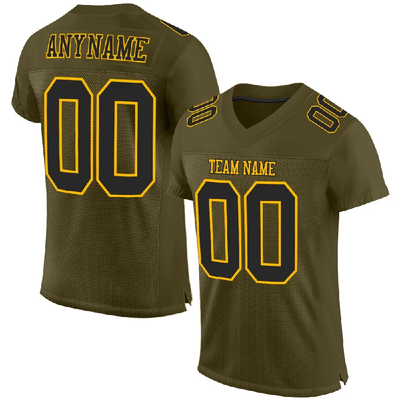 Football Jersey With Ergonomic Fit-Custom Olive Black-Gold Mesh Authentic Salute To Service Football Jersey