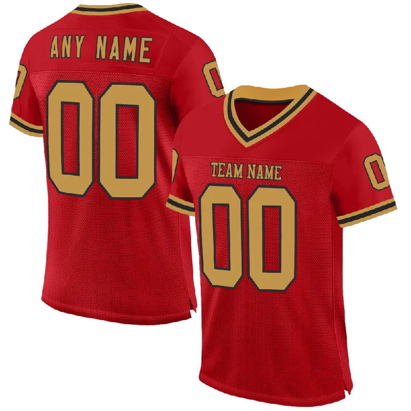 Football Jersey With Neon Colors-Custom Red Old Gold-Black Mesh Authentic Throwback Football Jersey