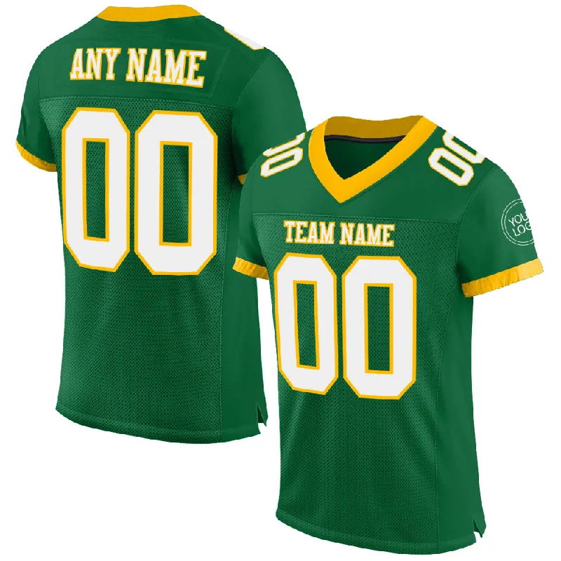 Football Jersey With Anime Graphics-Custom Kelly Green White-Gold Mesh Authentic Football Jersey