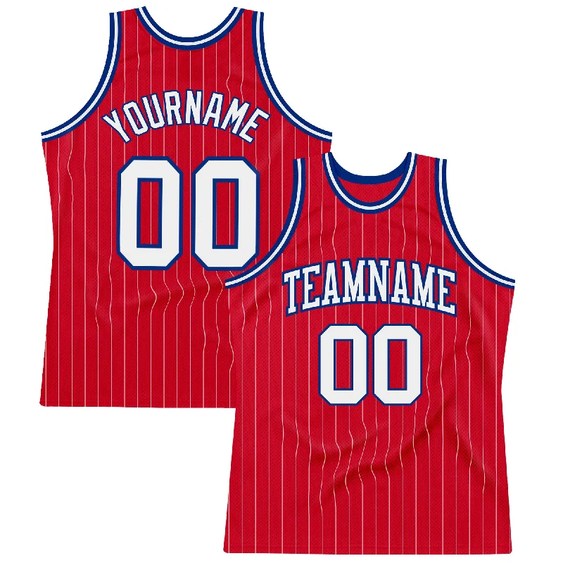 Basketball Jersey With Funny Slogans-Custom Red White Pinstripe White-Royal Authentic Basketball Jersey