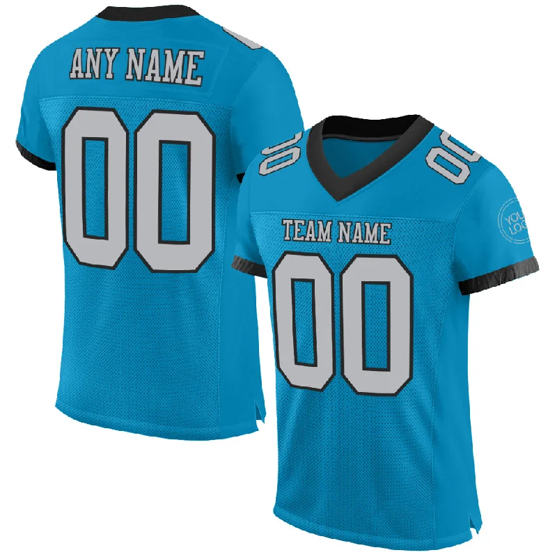 Football Jersey For Tall Players-Custom Panther Blue Gray-Black Mesh Authentic Football Jersey