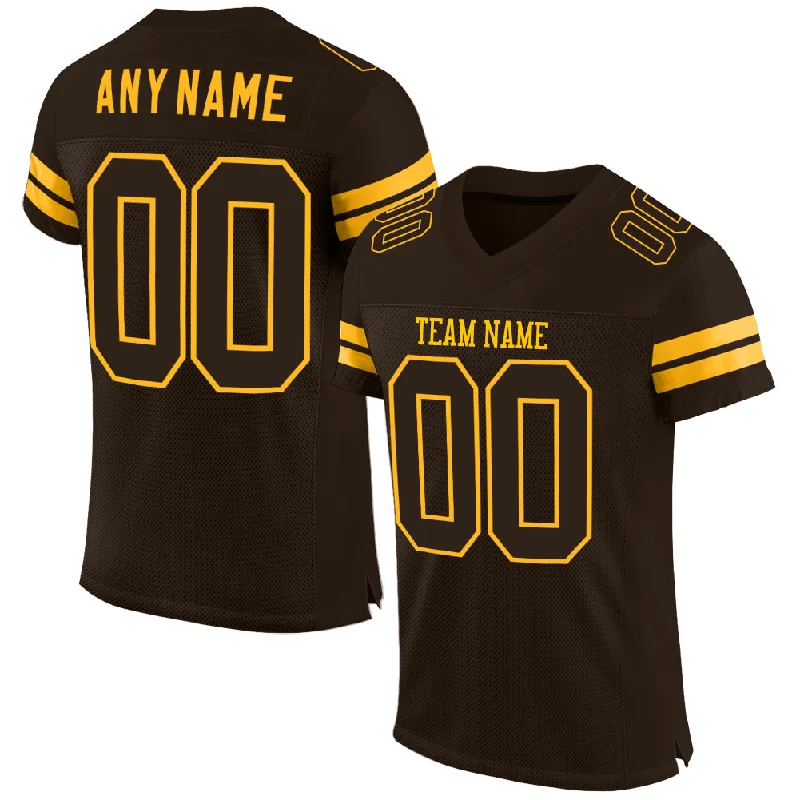 Football Jersey With Long Sleeves-Custom Brown Brown-Gold Mesh Authentic Football Jersey