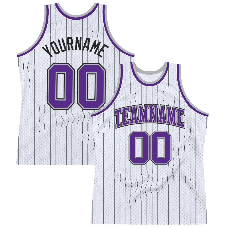 Basketball Jersey With Tear-Resistant Fabric-Custom White Black Pinstripe Purple-Gray Authentic Basketball Jersey