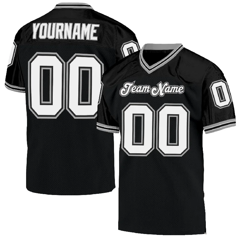 Football Jersey With Fade-Resistant Print-Custom Black White-Gray Mesh Authentic Throwback Football Jersey