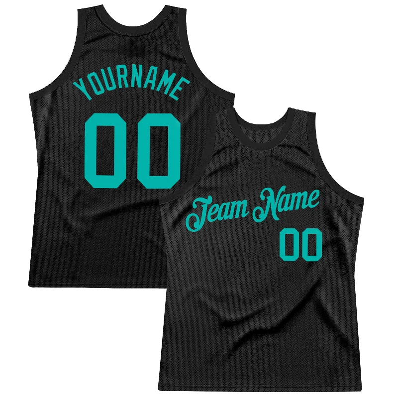 Basketball Jersey With UV Protection-Custom Black Aqua Authentic Throwback Basketball Jersey