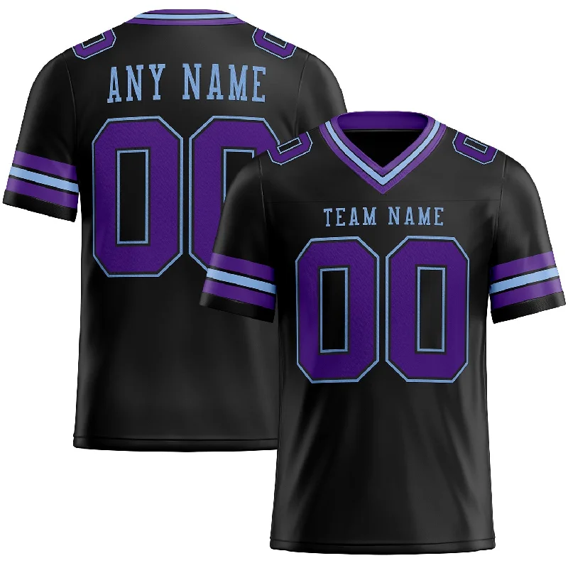 Football Jersey With Comic Book Graphics-Custom Black Purple-Light Blue Mesh Authentic Football Jersey