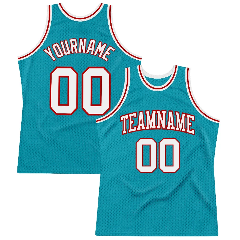 Basketball Jersey With Metallic Numbers-Custom Teal White-Red Authentic Throwback Basketball Jersey