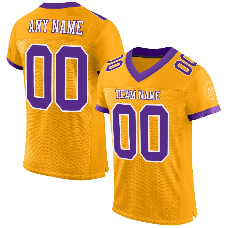 Football Jersey With No-Chafe Seams-Custom Gold Purple-White Mesh Authentic Football Jersey