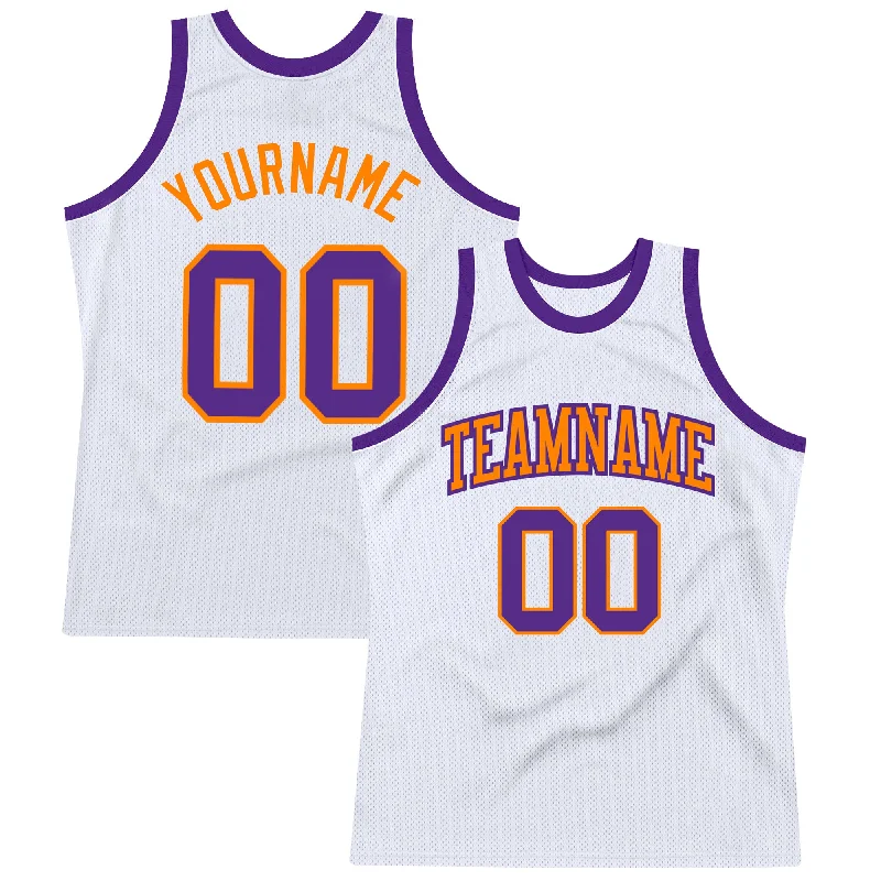 Basketball Jersey With Heat-Pressed Graphics-Custom White Purple-Bay Orange Authentic Throwback Basketball Jersey