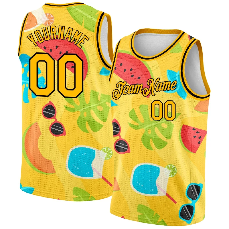 Basketball Jersey With Throwback Style-Custom Gold Black 3D Pattern Summer Hawaii Beach Holiday Authentic Basketball Jersey