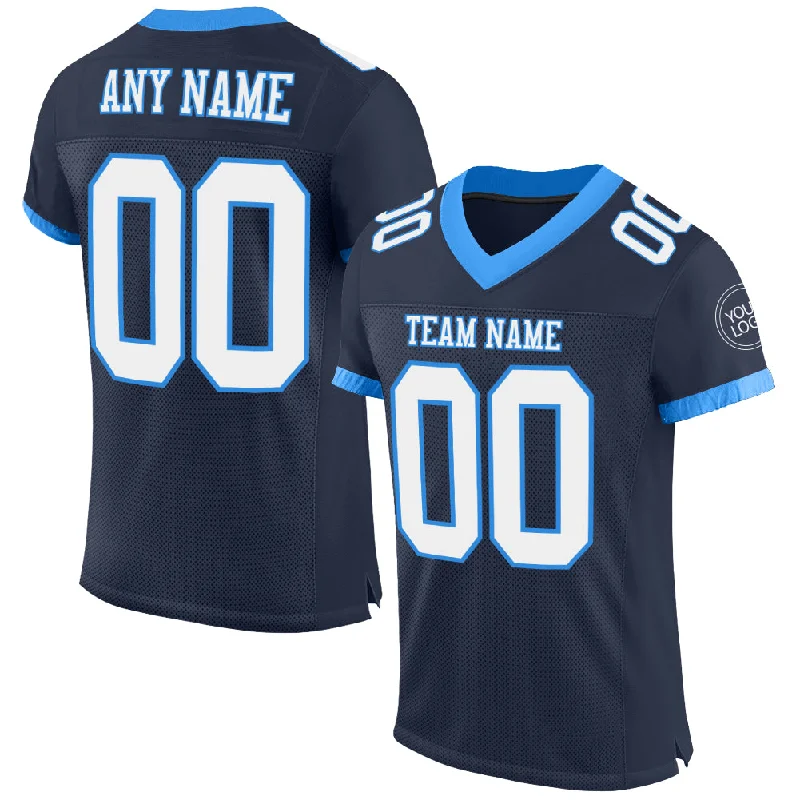 Football Jersey With Patches-Custom Navy White-Powder Blue Mesh Authentic Football Jersey