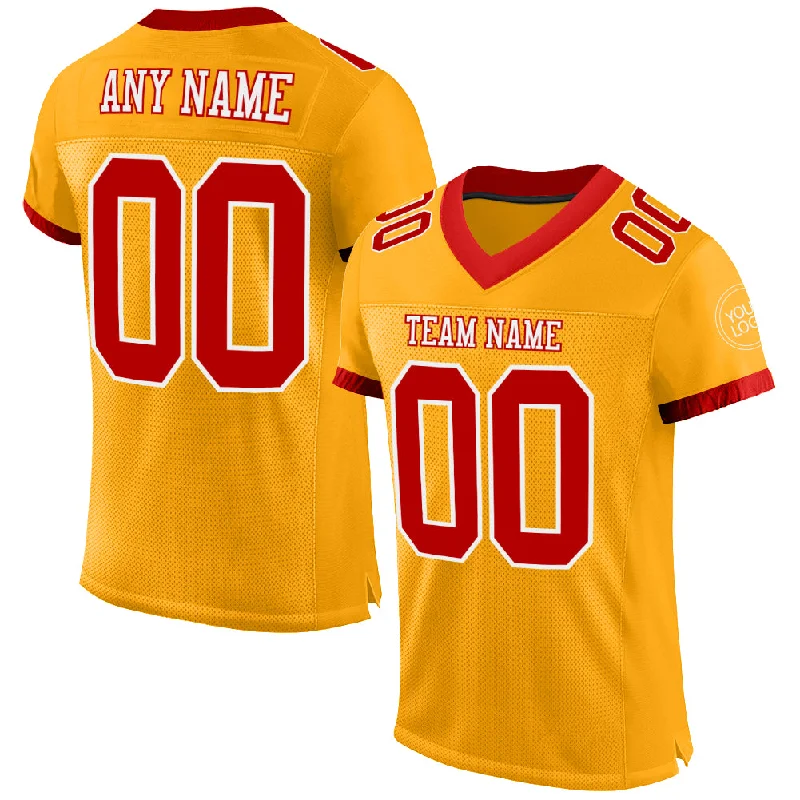 Football Jersey With Side Zippers-Custom Gold Red-White Mesh Authentic Football Jersey