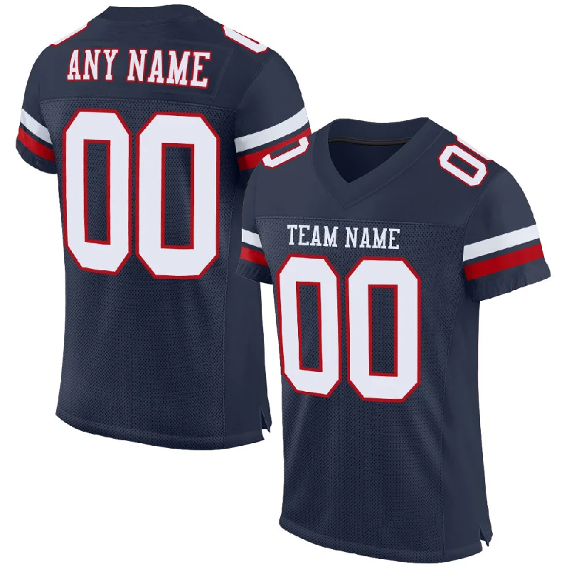 Football Jersey With Reinforced Neckline-Custom Navy White-Red Mesh Authentic Football Jersey