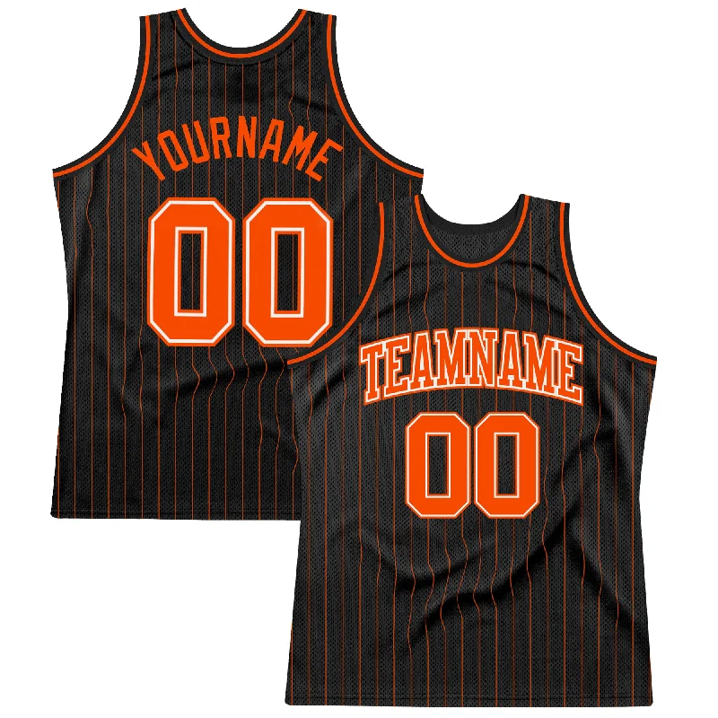 Basketball Jersey With Stretchable Fabric-Custom Black Orange Pinstripe Orange-White Authentic Basketball Jersey