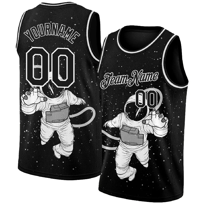 Basketball Jersey For Centers-Custom Black White 3D Pattern Design Astronaut Authentic Basketball Jersey