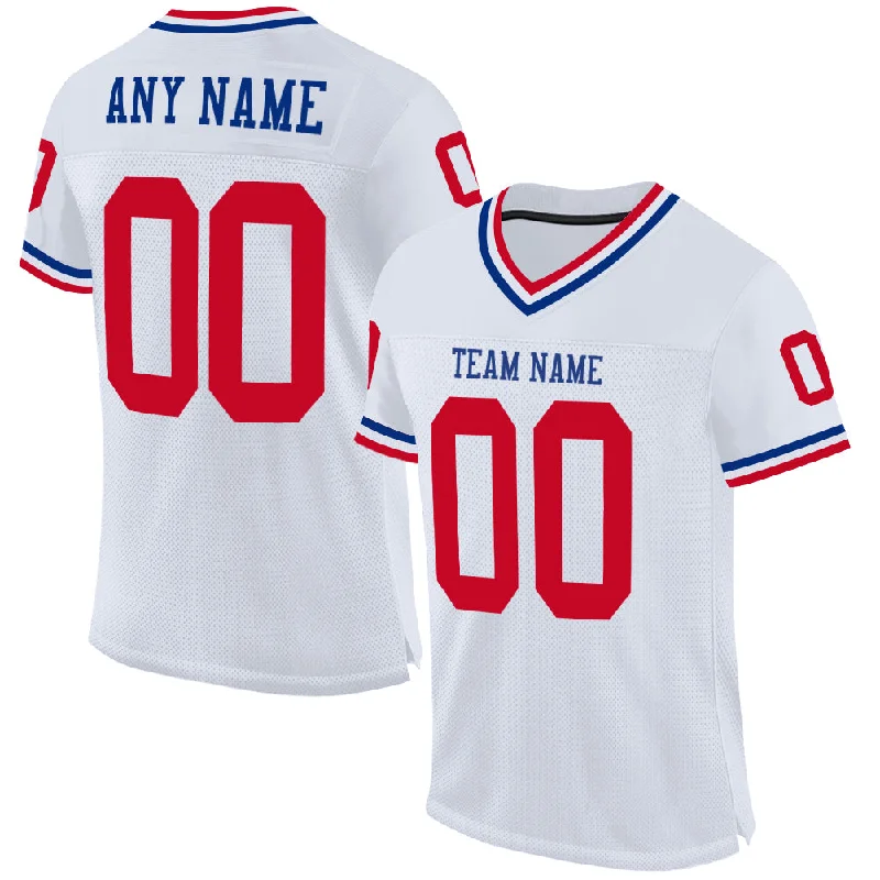 Football Jersey With V-Neck Collar-Custom White Red-Royal Mesh Authentic Throwback Football Jersey