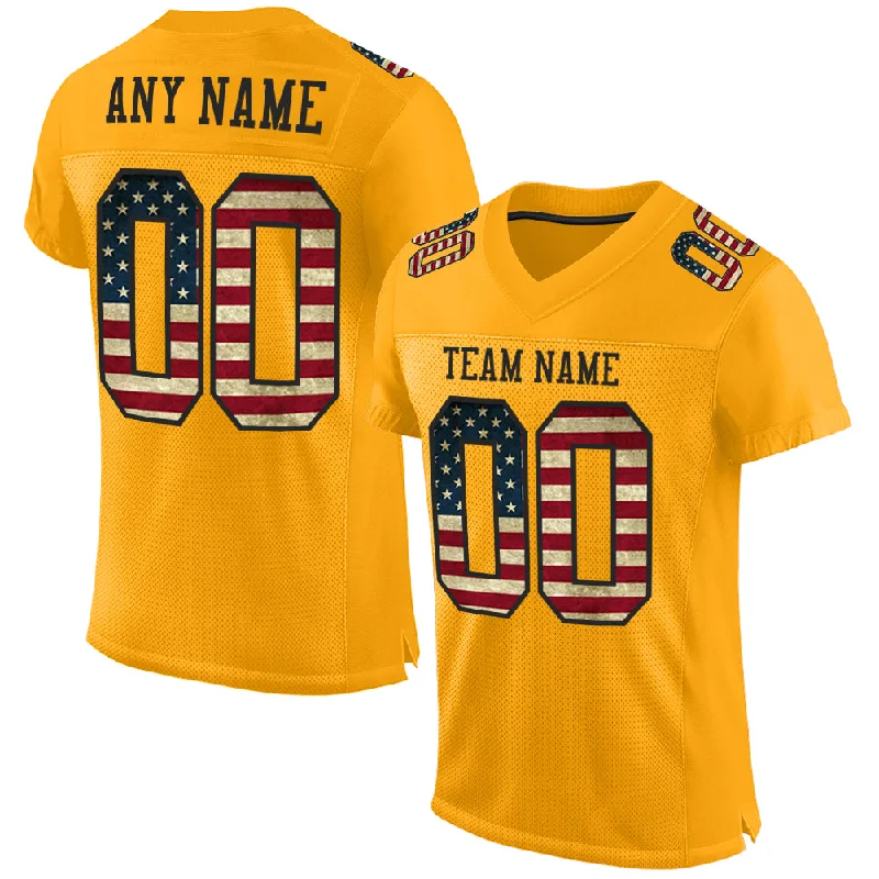 Football Jersey For Indoor Matches-Custom Gold Vintage USA Flag-Black Mesh Authentic Football Jersey