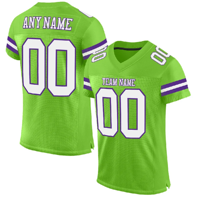 Football Jersey With Wrinkle-Free Design-Custom Neon Green White-Purple Mesh Authentic Football Jersey