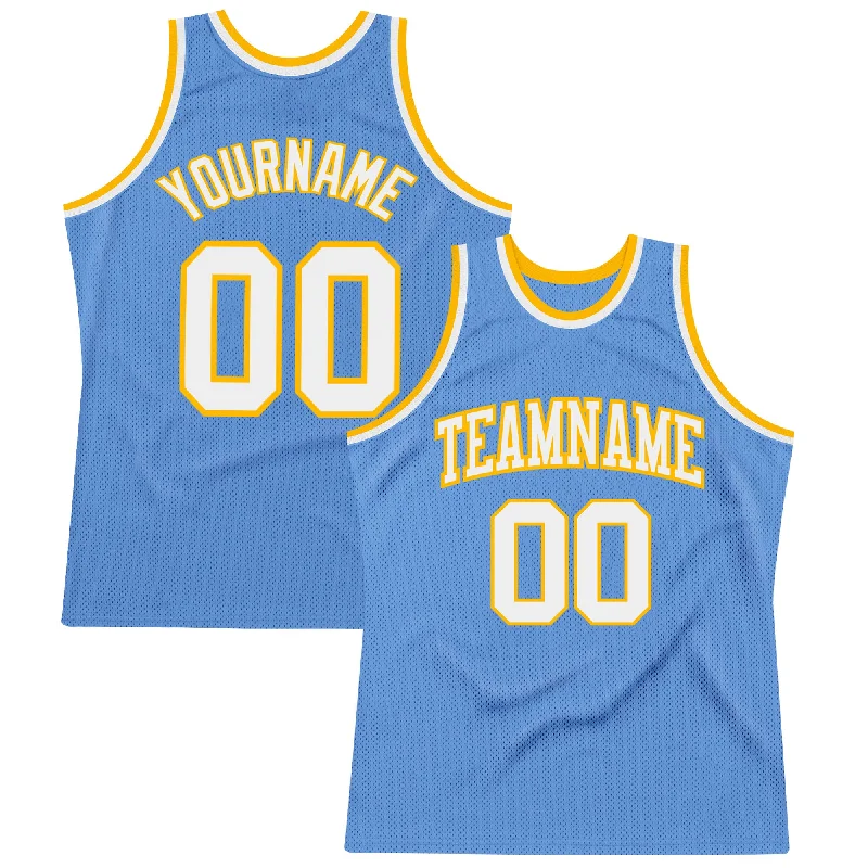 Basketball Jersey With Tear-Resistant Fabric-Custom Light Blue White-Gold Authentic Throwback Basketball Jersey