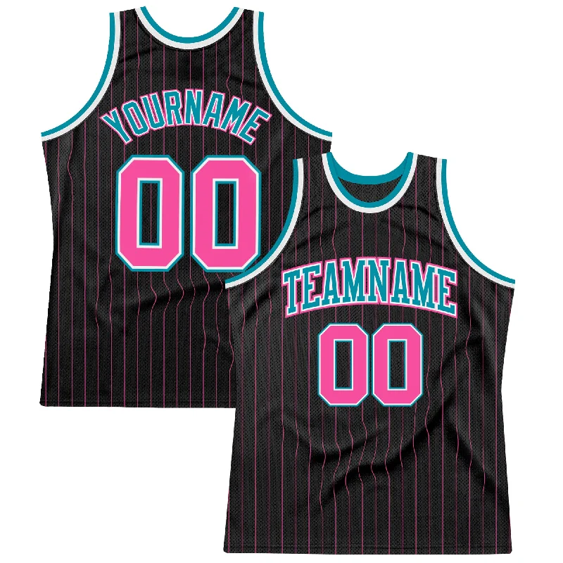 Basketball Jersey With Organic Cotton Blend-Custom Black Pink Pinstripe Pink-Teal Authentic Basketball Jersey