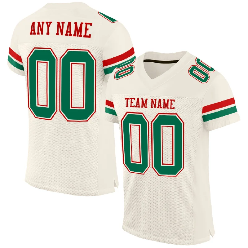 Football Jersey With Tournament Logo-Custom Cream Kelly Green-Red Mesh Authentic Football Jersey