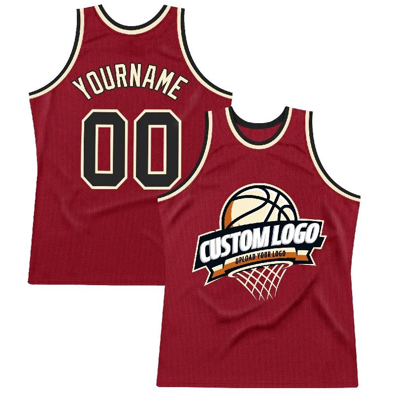 Basketball Jersey With Gold Accents-Custom Maroon Black-Cream Authentic Throwback Basketball Jersey