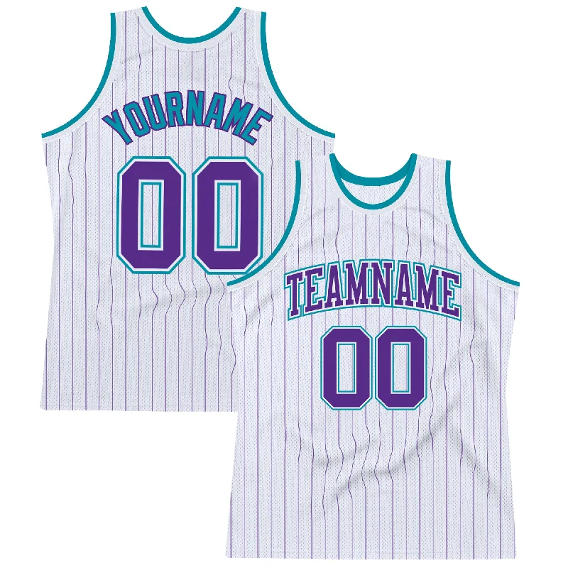 Basketball Jersey For Toddlers-Custom White Purple Pinstripe Purple-Teal Authentic Basketball Jersey