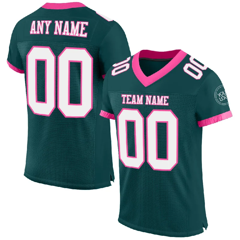 Football Jersey With Matching Shorts-Custom Midnight Green White-Pink Mesh Authentic Football Jersey