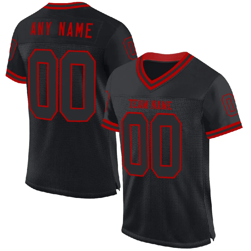 Football Jersey With Reflective Details-Custom Black Red Mesh Authentic Throwback Football Jersey