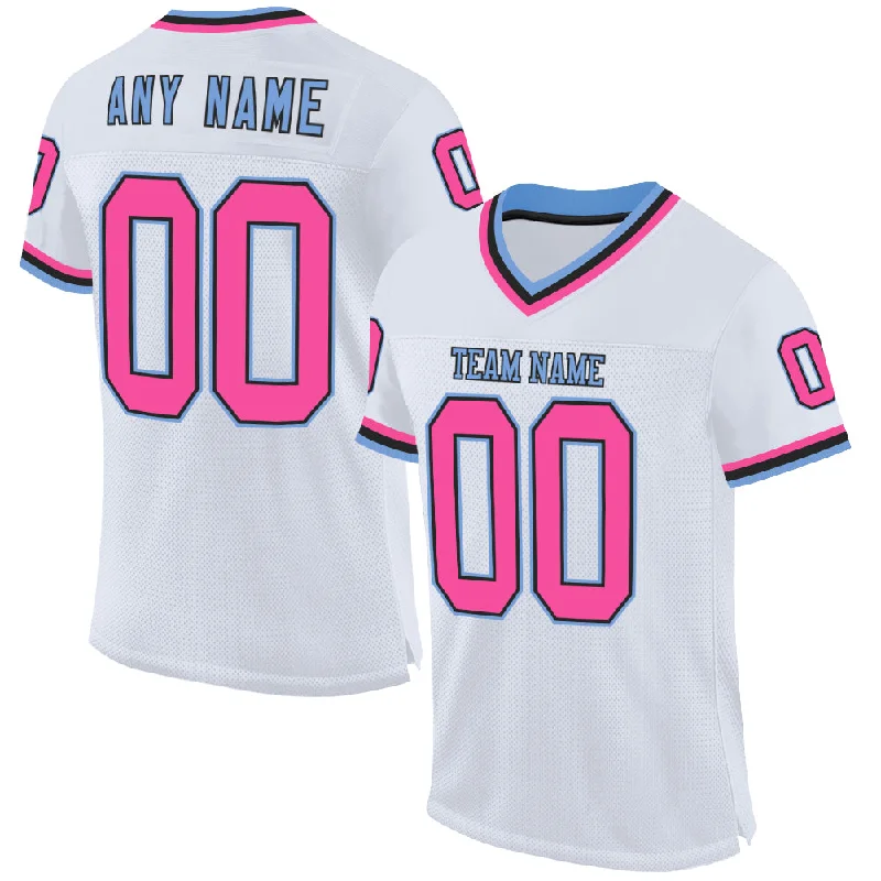 Football Jersey With Tribal Designs-Custom White Pink Black-Light Blue Mesh Authentic Throwback Football Jersey