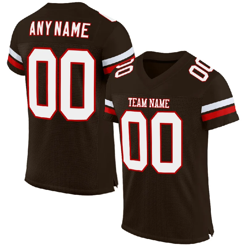 Football Jersey With Round Neck-Custom Brown White-Red Mesh Authentic Football Jersey