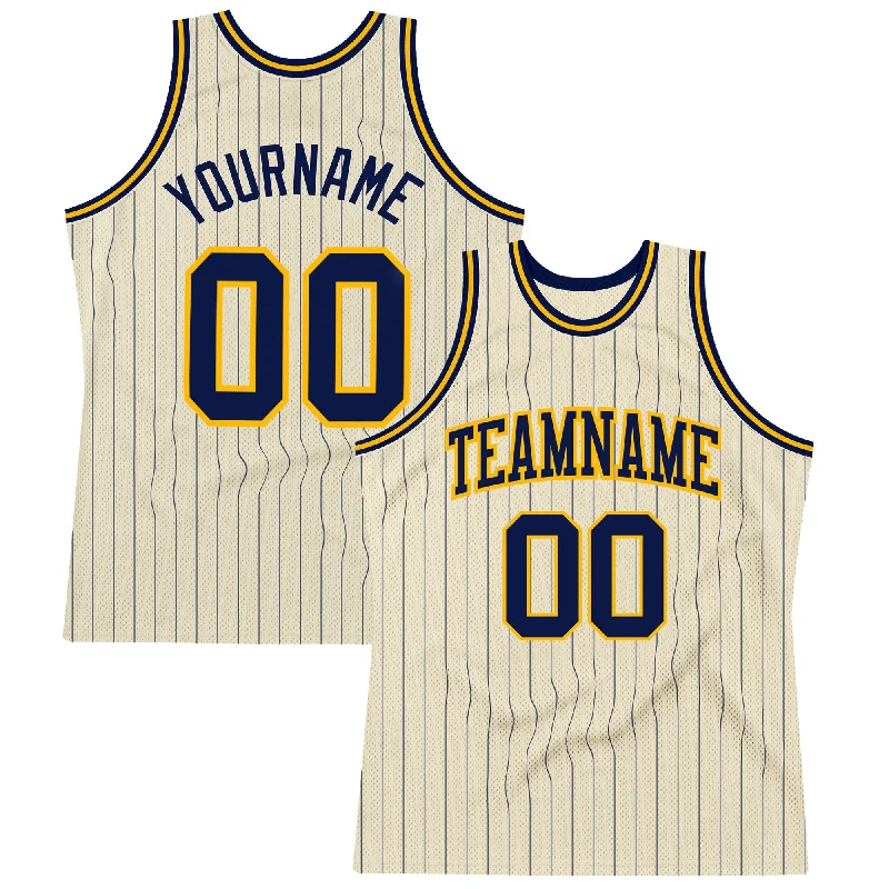 Basketball Jersey With Slim Fit-Custom Cream Navy Pinstripe Navy-Gold Authentic Basketball Jersey