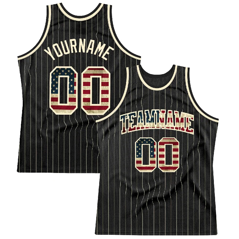 Basketball Jersey With Classic NBA Style-Custom Black Cream Pinstripe Vintage USA Flag-Cream Authentic Basketball Jersey