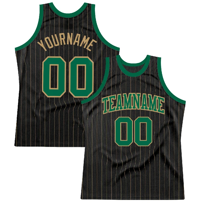 Basketball Jersey With Patches-Custom Black Old Gold Pinstripe Kelly Green-Old Gold Authentic Basketball Jersey