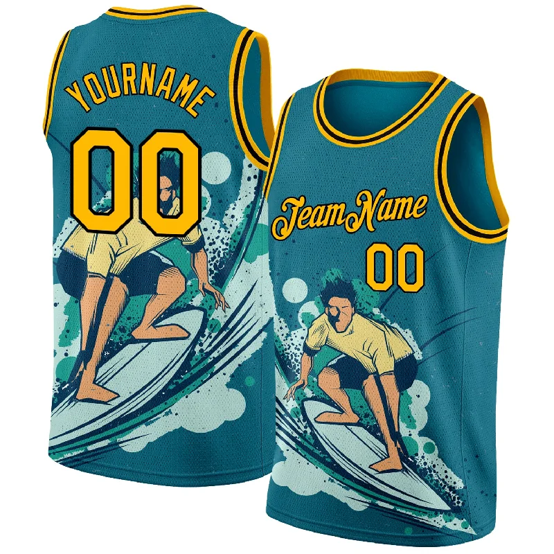 Basketball Jersey With Long Sleeves-Custom Teal Gold-Black 3D Pattern Beach Surfing Authentic Basketball Jersey