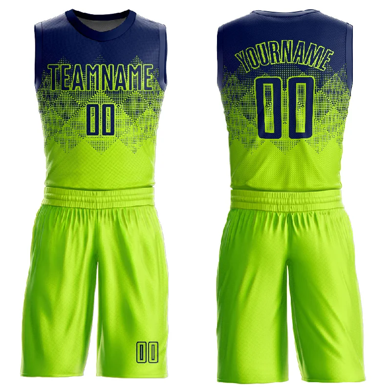 Basketball Jersey For Training-Custom Neon Green Navy Round Neck Sublimation Basketball Suit Jersey