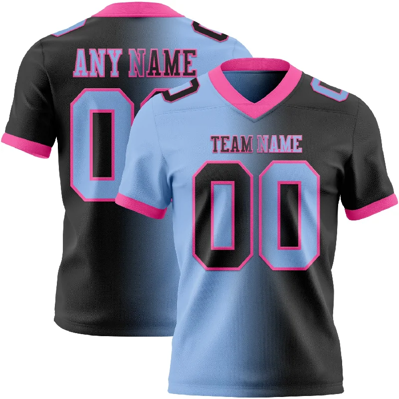 Football Jersey With Reinforced Neckline-Custom Black Light Blue-Pink Mesh Authentic Gradient Fashion Football Jersey